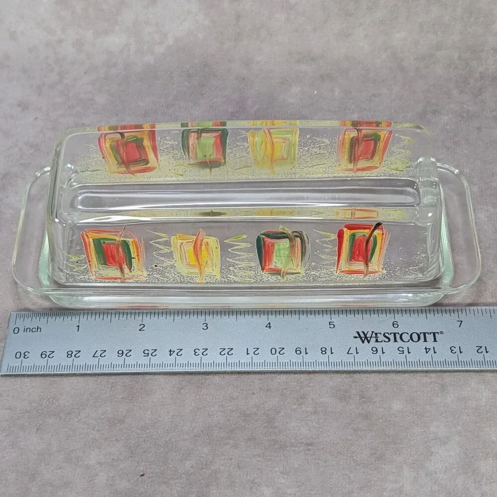 Vintage Mid Century Hand Painted Glass Butter Dish Covered Lid Abstract Art